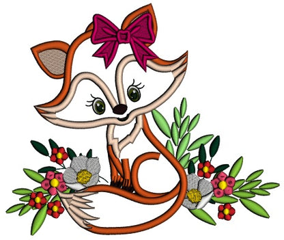Cute Baby Fox With Hair Bow And Flowers Applique Machine Embroidery Design Digitized Pattern