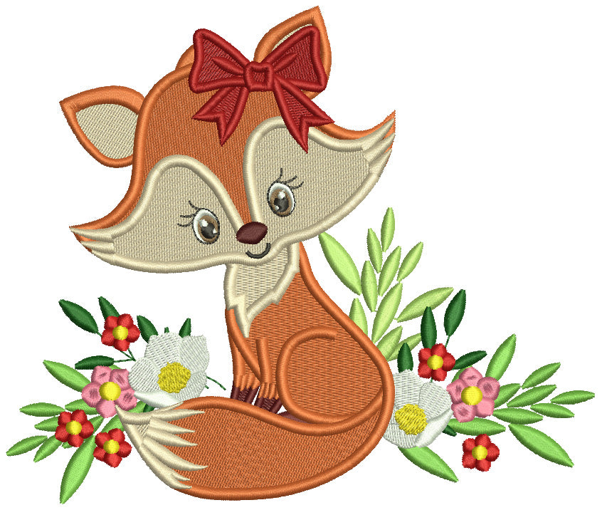Cute Baby Fox With Hair Bow And Flowers Filled Machine Embroidery Design Digitized Pattern