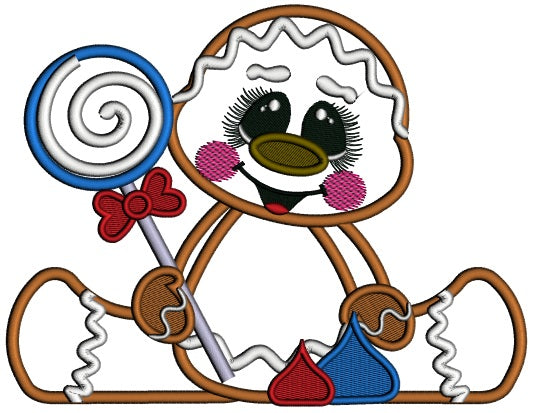 Cute Baby Gingerbread Girl Holding a Lollypop Applique Machine Embroidery Design Digitized Pattern