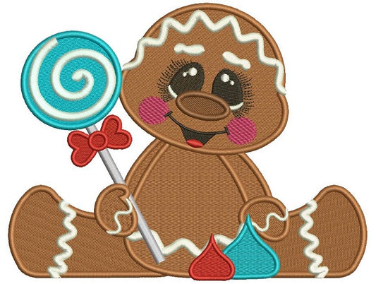 Cute Baby Gingerbread Girl Holding a Lollypop Filled Machine Embroidery Design Digitized Pattern