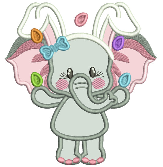 Cute Baby Girl Elephant Juggling Easter Eggs Applique Machine Embroidery Design Digitized Pattern