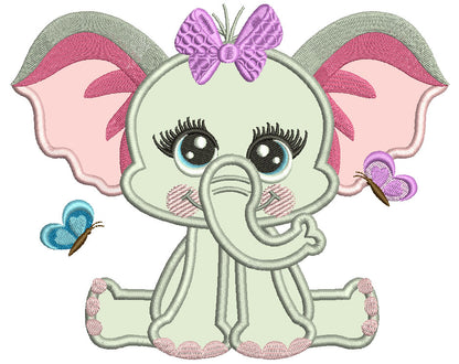 Cute Baby Girl Elephant With Butterflies Applique Machine Embroidery Design Digitized Pattern