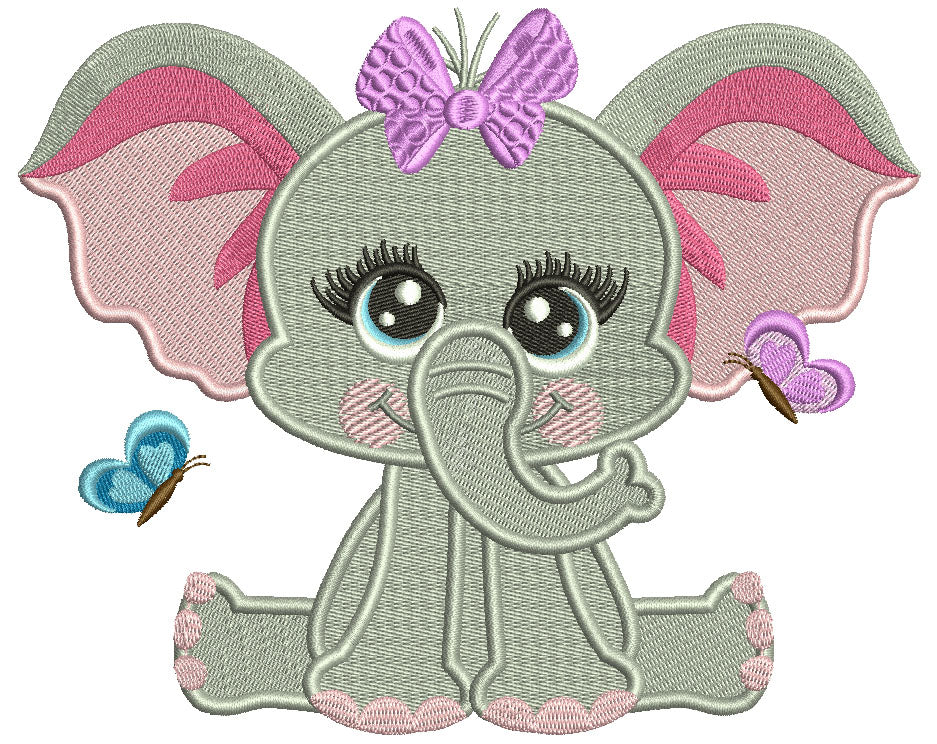 Cute Baby Girl Elephant With Butterflies Filled Machine Embroidery Des ...