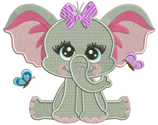 Cute Baby Girl Elephant With Butterflies Filled Machine Embroidery Design Digitized Pattern