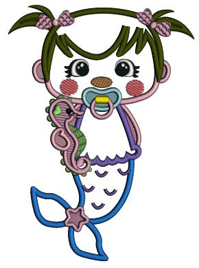 Cute Baby Girl Mermaid Holding Seahorse Applique Machine Embroidery Design Digitized Pattern
