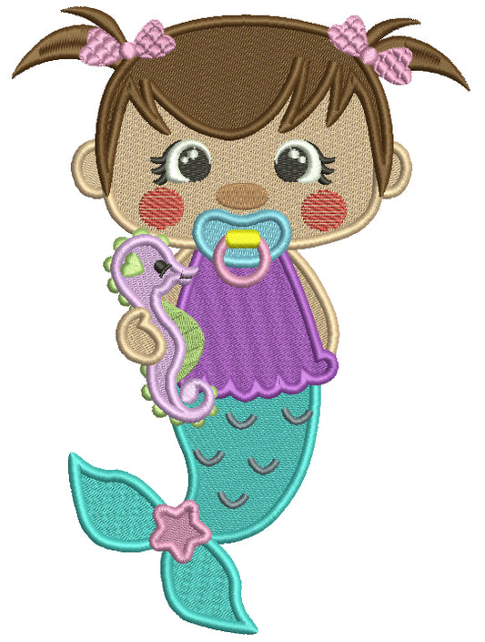 Cute Baby Girl Mermaid Holding Seahorse Filled Machine Embroidery Design Digitized Pattern