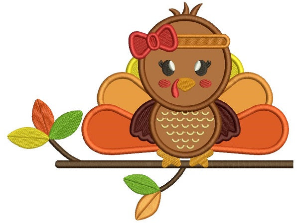 Cute Baby Girl Sitting On The Branch Thanksgiving Turkey Applique Machine Embroidery Design Digitized Pattern