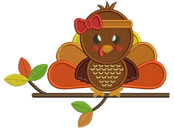 Cute Baby Girl Sitting On The Branch Thanksgiving Turkey Filled Machine Embroidery Design Digitized Pattern