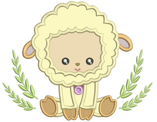 Cute Baby Lamb And Leaves Easter Applique Machine Embroidery Design Digitized Pattern