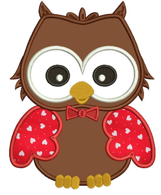 Cute Baby Owl Wearing Red Bow Tie Applique Machine Embroidery Digitized Design Pattern