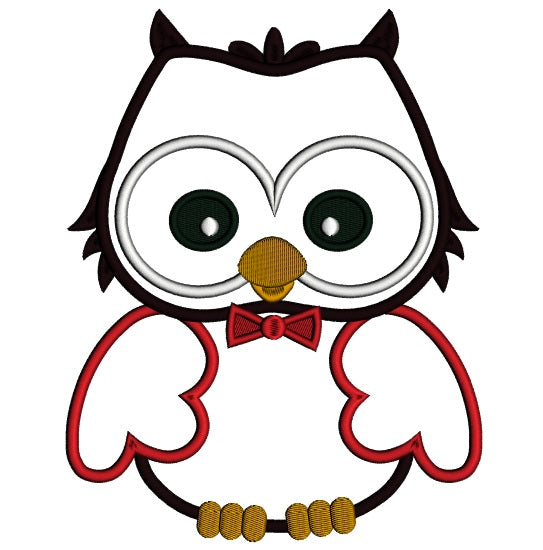 Cute Baby Owl Wearing Red Bow Tie Applique Machine Embroidery Digitized Design Pattern