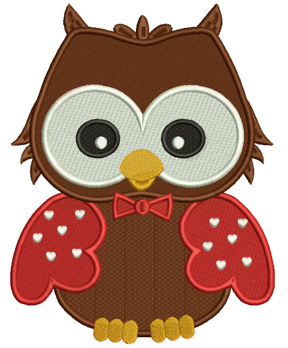 Cute Baby Owl Wearing Red Bow Tie Filled Machine Embroidery Digitized Design Pattern