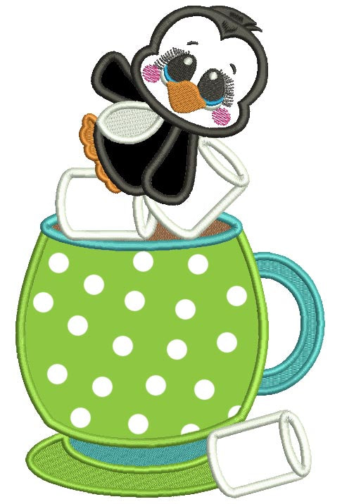 Cute Baby Penguin Sitting Inside Cup With Marshmallows Christmas Applique Machine Embroidery Design Digitized Pattern