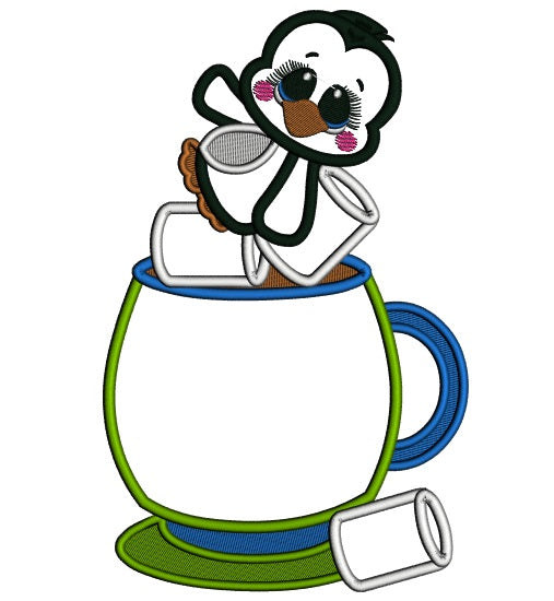 Cute Baby Penguin Sitting Inside Cup With Marshmallows Christmas Applique Machine Embroidery Design Digitized Pattern