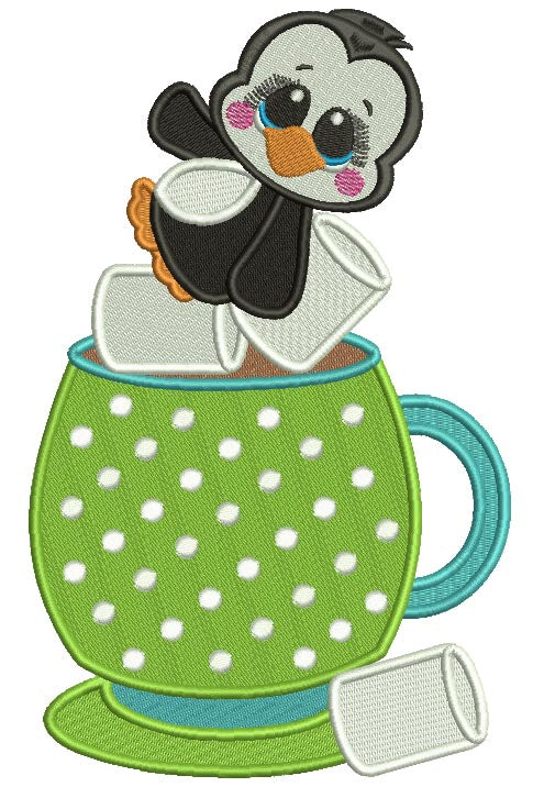 Cute Baby Penguin Sitting Inside Cup With Marshmallows Christmas Filled Machine Embroidery Design Digitized Pattern