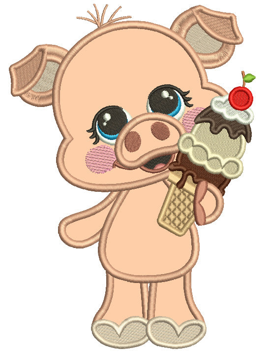 Cute Baby Pig Eating Huge Ice Cream Cone Applique Machine Embroidery Design Digitized Pattern