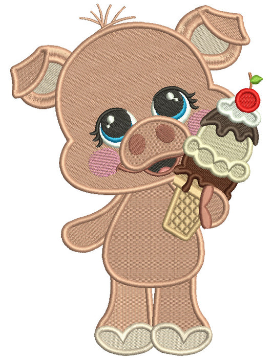 Cute Baby Pig Eating Huge Ice Cream Cone Filled Machine Embroidery Design Digitized Pattern