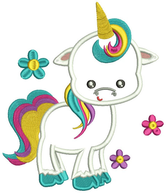 Cute Baby Rainbow Unicorn With Flowers Applique Machine Embroidery Design Digitized Pattern