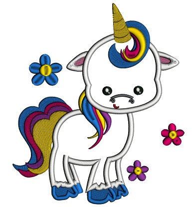 Cute Baby Rainbow Unicorn With Flowers Applique Machine Embroidery Design Digitized Pattern