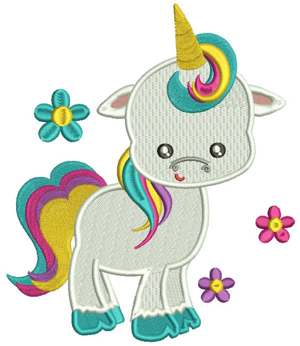 Cute Baby Rainbow Unicorn With Flowers Filled Machine Embroidery Design Digitized Pattern
