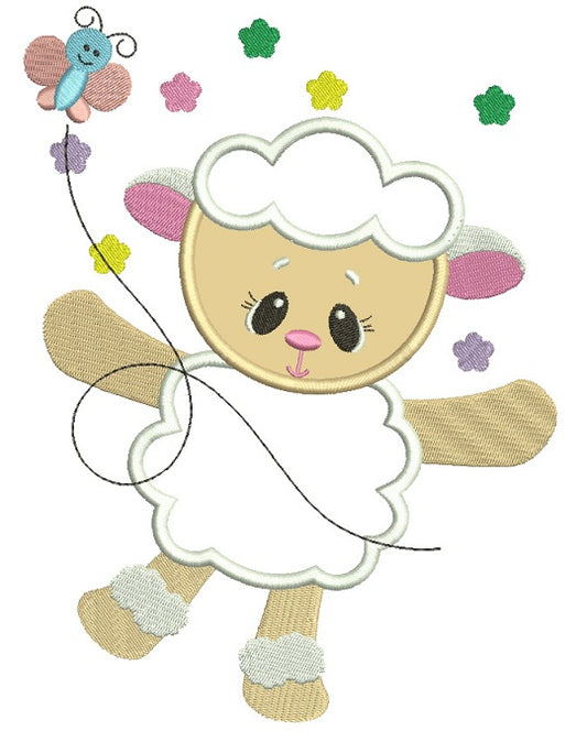 Cute Baby Lamb With Butterfly Easter Applique Machine Embroidery Design Digitized Pattern