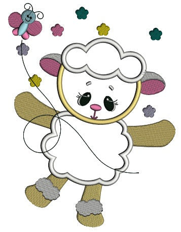 Cute Baby Lamb With Butterfly Easter Applique Machine Embroidery Design Digitized Pattern