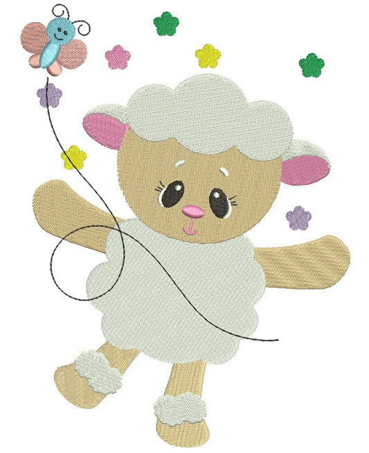 Cute Baby Lamb With Butterfly Easter Filled Machine Embroidery Design Digitized Pattern
