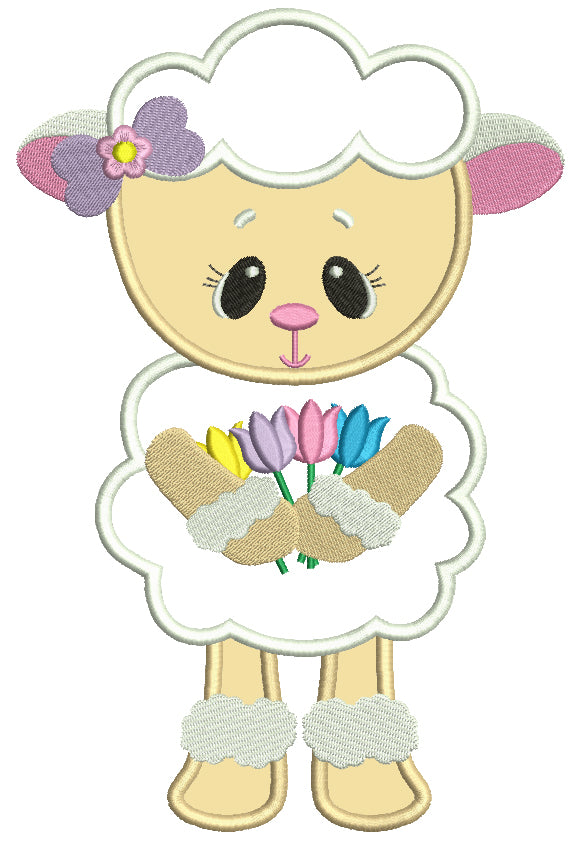 Cute Baby Sheep With Flowers Easter Applique Machine Embroidery Design Digitized Pattern