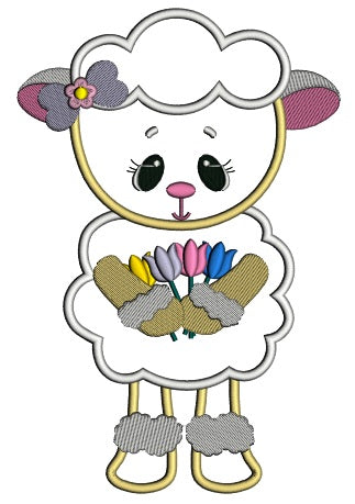Cute Baby Sheep With Flowers Easter Applique Machine Embroidery Design Digitized Pattern