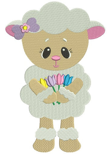 Cute Baby Lamb With Flowers Easter Filled Machine Embroidery Design Digitized Pattern
