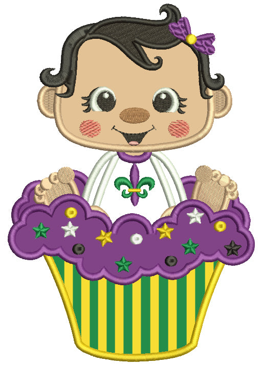 Cute Baby Sitting In The Mardi Gras Cupcake Applique Machine Embroidery Design Digitized Pattern