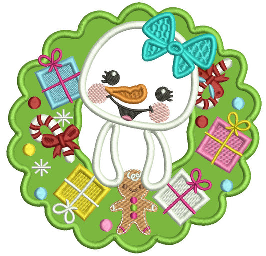 Cute Baby Snowman Girl Christmas Presents Wreath Applique Machine Embroidery Design Digitized Pattern