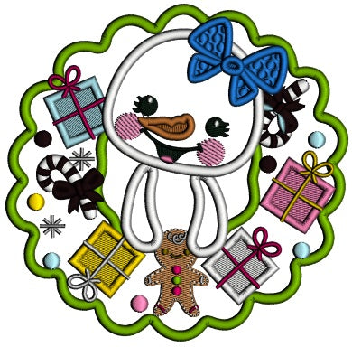 Cute Baby Snowman Girl Christmas Presents Wreath Applique Machine Embroidery Design Digitized Pattern