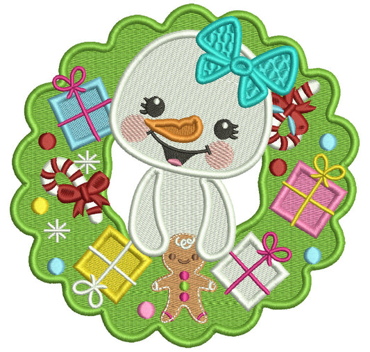 Cute Baby Snowman Girl Christmas Presents Wreath Filled Machine Embroidery Design Digitized Pattern