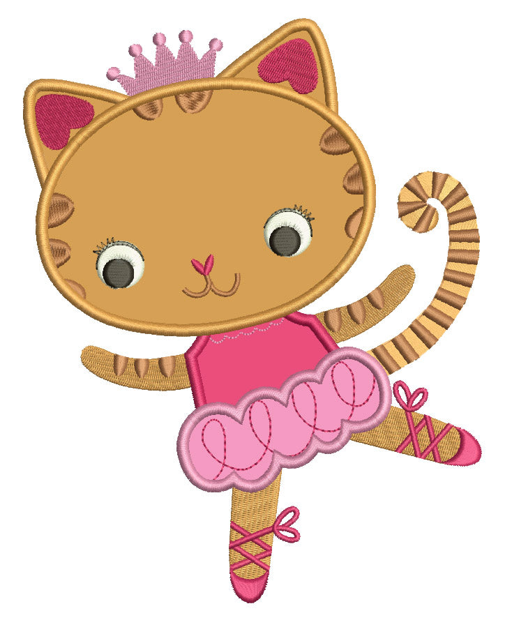 Cute Ballerina Cat with a little Crown Applique Machine Embroidery Digitized Design Pattern