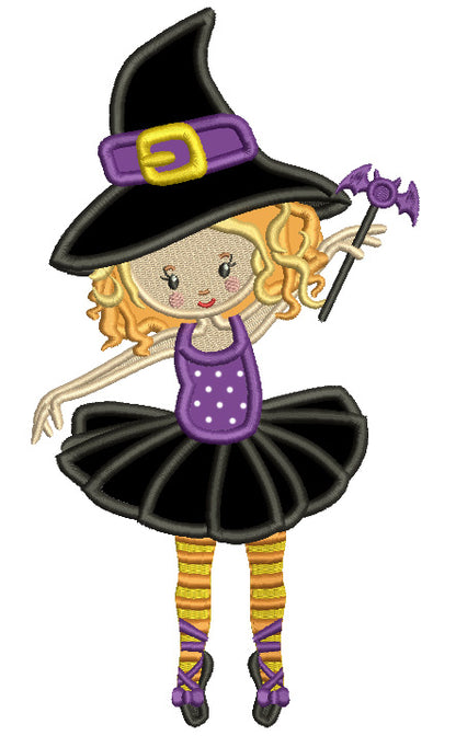 Cute Ballerina Witch With a Bat Wand Halloween Applique Machine Embroidery Design Digitized Pattern