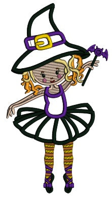 Cute Ballerina Witch With a Bat Wand Halloween Applique Machine Embroidery Design Digitized Pattern