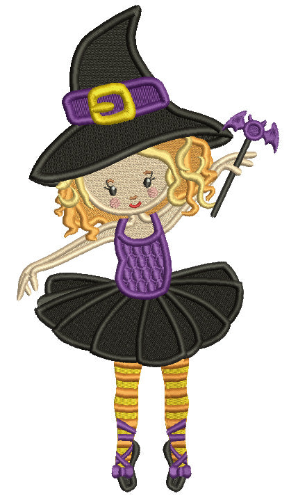 Cute Ballerina Witch With a Bat Wand Halloween Filled Machine Embroidery Design Digitized Pattern