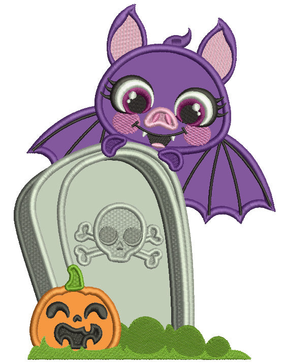 Cute Bat Behind a Headstone With a Pumpkin Halloween Applique Machine Embroidery Design Digitized Pattern