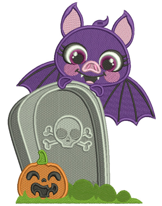 Cute Bat Behind a Headstone With a Pumpkin Halloween Filled Machine Embroidery Design Digitized Pattern