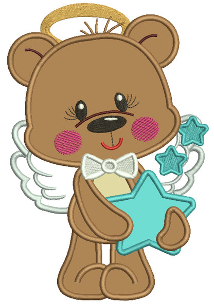 Cute Bear Angel Holding a Star Applique Machine Embroidery Design Digitized Pattern