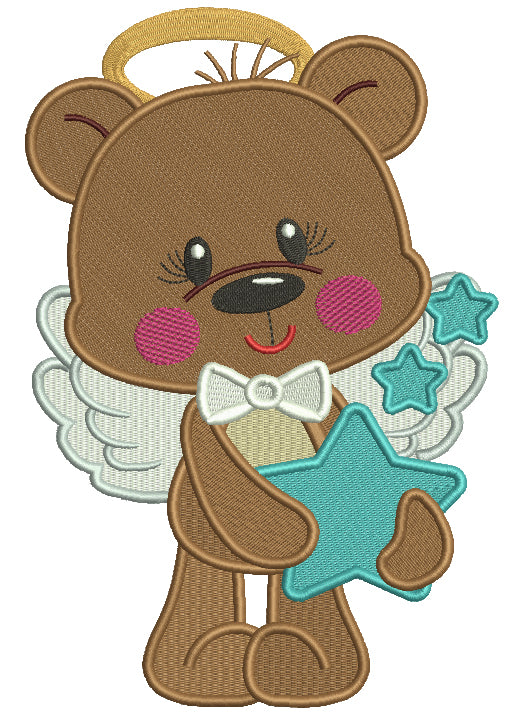 Cute Bear Angel Holding a Star Filled Machine Embroidery Design Digitized Pattern