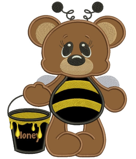 Cute Bear Bumblebee with Honey Applique Machine Embroidery Digitized Design Pattern