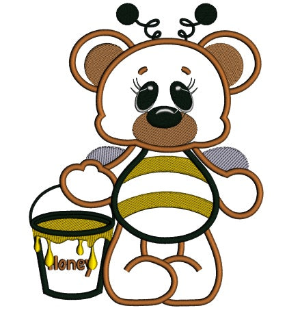Cute Bear Bumblebee with Honey Applique Machine Embroidery Digitized Design Pattern