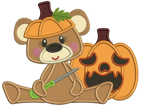 Cute Bear Carving Halloween Pumpkin Applique Machine Embroidery Design Digitized Pattern