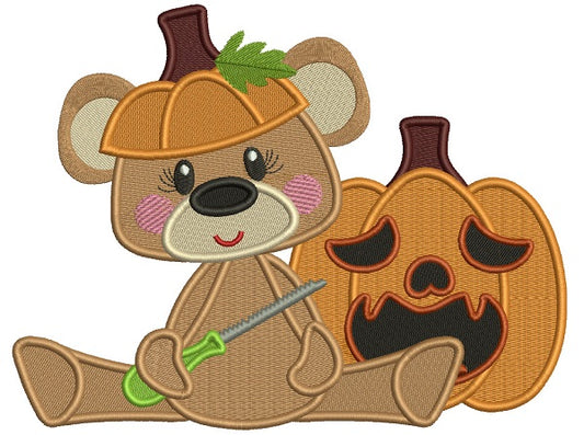 Cute Bear Carving Halloween Pumpkin Filled Machine Embroidery Design Digitized Pattern