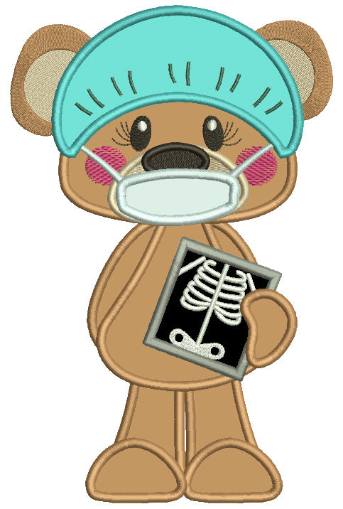 Cute Bear Doctor Holding An X-Ray Applique Machine Embroidery Design Digitized Pattern