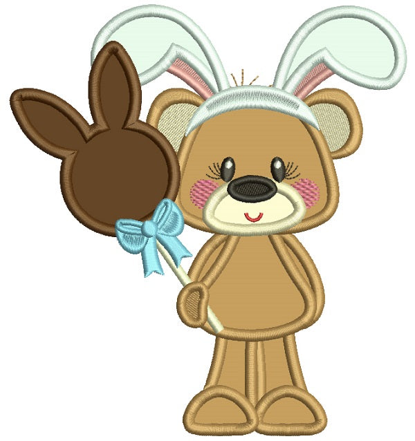 Cute Bear Holdig Chocolate Easter Bunny Applique Machine Embroidery Design Digitized