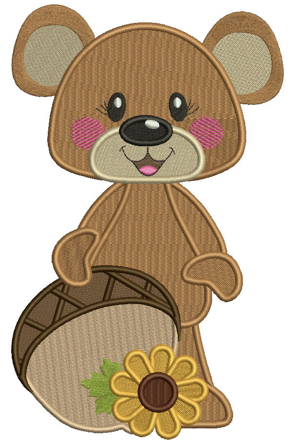Cute Bear Holding Big Acorn Thanksgiving Filled Machine Embroidery Design Digitized Pattern