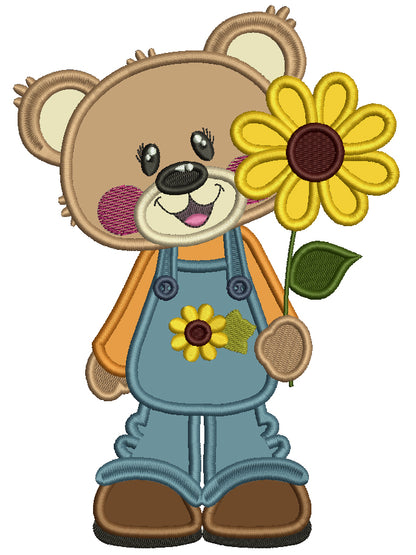 Cute Bear Holding Big Sunflower Thanksgiving Applique Machine Embroidery Design Digitized Pattern
